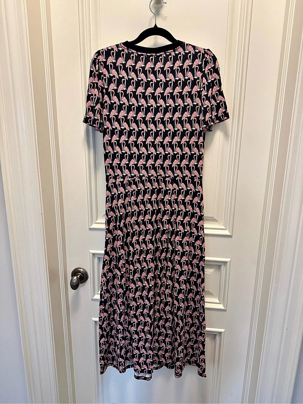 Boden Flamingo Print Midi Dress in Black & Pink Size Large Like New